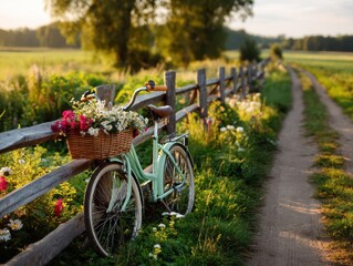 Bicycle with wicker basket of flowers in serene countryside © Tetiana