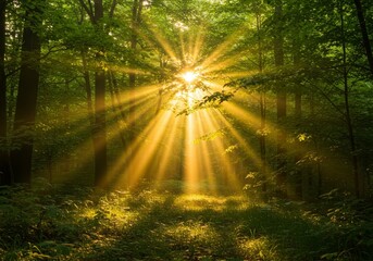Fototapeta premium Photo Sunlight Peeking Through Dense Green Forest Canopy with Golden Rays