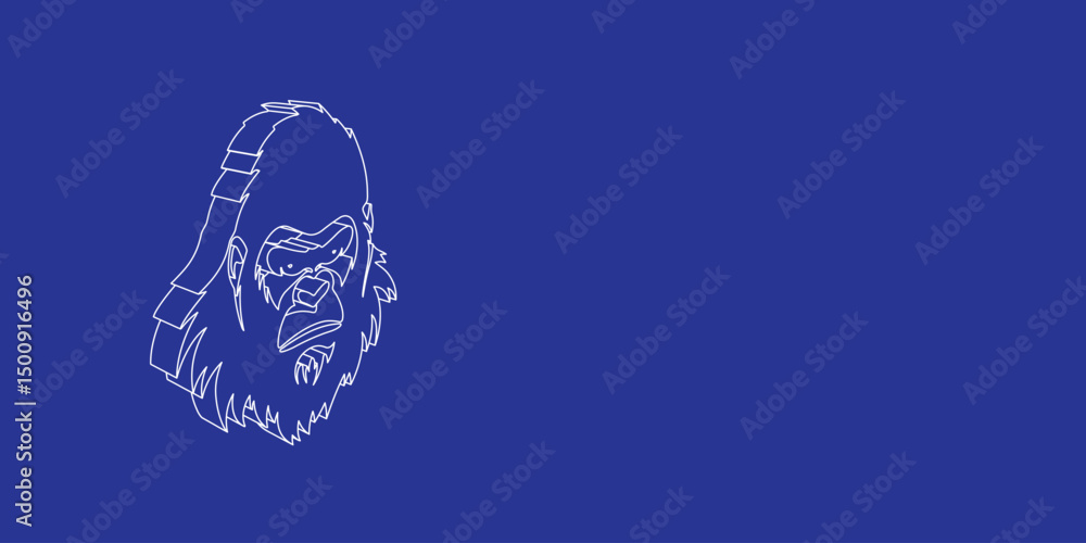 Poster the outline of a large gorilla head symbol made of white lines on the left. 3d view of the object in
