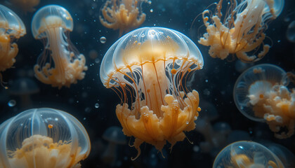 Obraz premium Underwater Dance of Jellyfish: A captivating underwater scene showcasing a mesmerizing dance of jellyfish, their ethereal bodies gracefully drifting against the backdrop of the ocean.