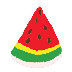 Hand drawn painting watermelon slice isolated on white background. Slice of red watermelon with seeds and peels.