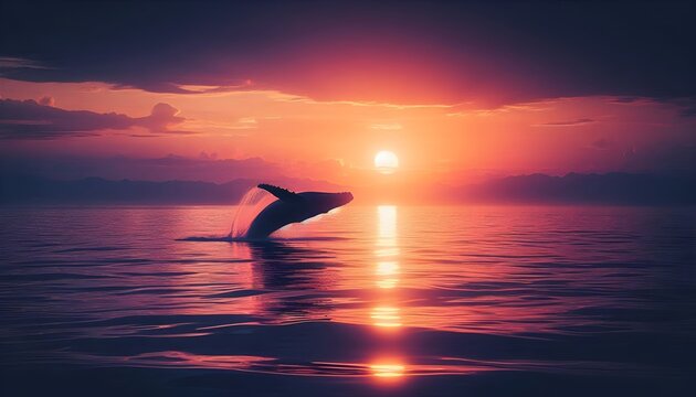 Whale silhouette jumping from calm ocean water during sunset with peaceful orange and purple sky reflections in serene marine setting - Powered by Adobe