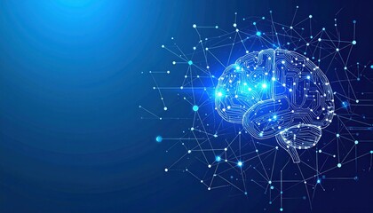 Glowing brain silhouette, digital network. Blue backdrop