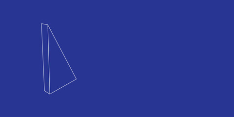 The outline of a large right triangle symbol made of white lines on the left. 3D view of the object in perspective. Vector illustration on indigo background