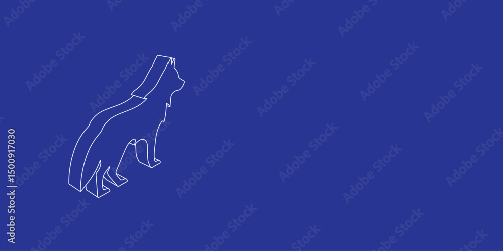 Poster the outline of a large wolf symbol made of white lines on the left. 3d view of the object in perspec