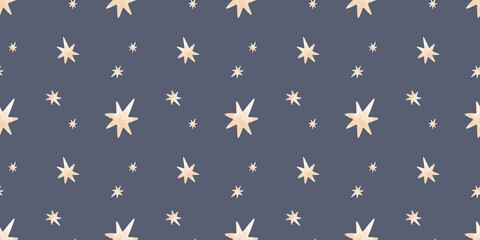 Stars on night sky. Watercolor nursery seamless surface pattern design on dark background for kid's goods, clothes, textile, bed linen, baby shower, wallpaper and children's room