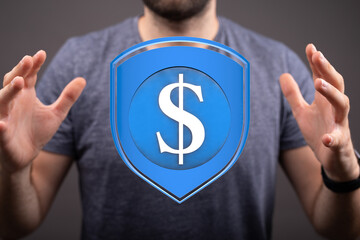 Image of a man presenting a digital shield with a dollar sign, symbolizing financial protection and...