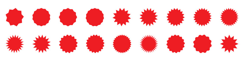 Zig zag wavy edge starburst circle shapes icon set. Red color classic abstract elements with jagged edges. Vector illustration of silhouette blank for sicker, label, tag, badge, stamp, etc. 