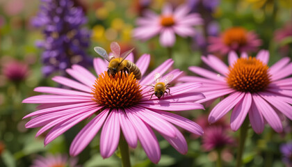Obraz premium Bees' Bliss: A vibrant close-up captures two bees gracefully navigating a radiant pink coneflower. A symphony of colors and textures.
