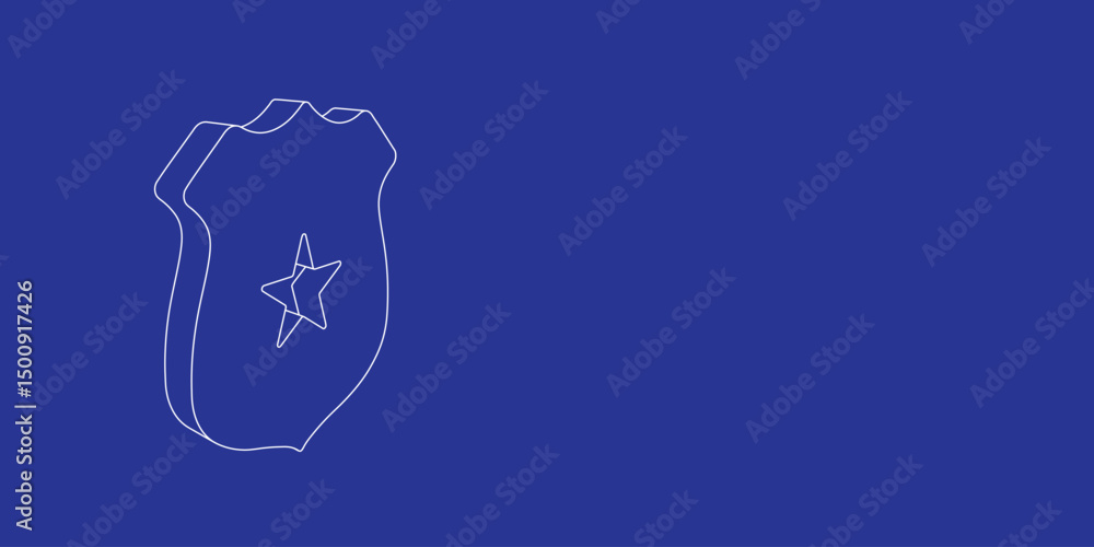 Poster the outline of a large police badge symbol made of white lines on the left. 3d view of the object in