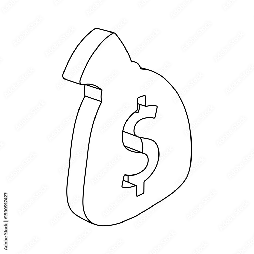 Poster the outline of a large bag of money symbol is made with black lines. 3d view of the object in perspe