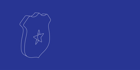 The outline of a large police badge symbol made of white lines on the left. 3D view of the object in perspective. Vector illustration on indigo background