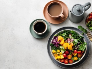 Vibrant salad bowl with coffee and teapot on table