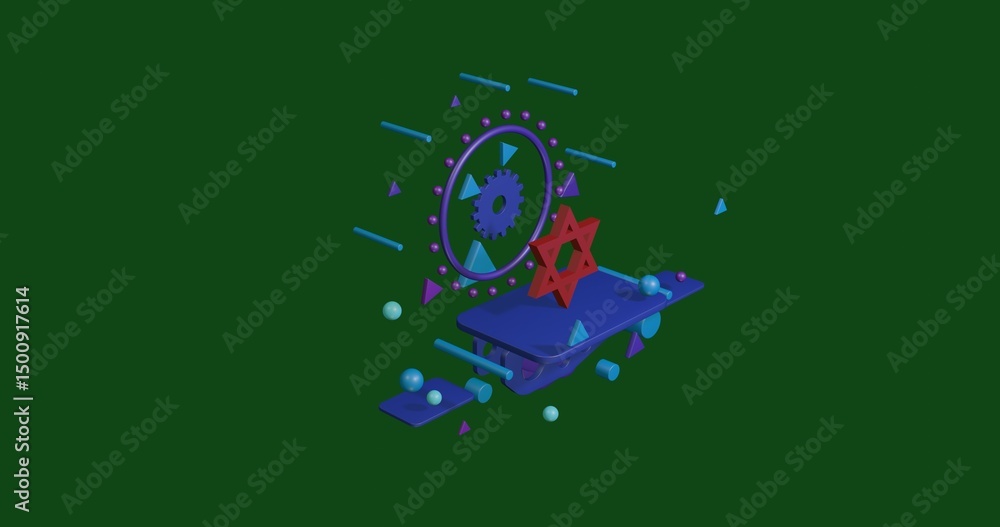 Poster red star of david symbol on a pedestal of abstract geometric shapes floating in the air. abstract co
