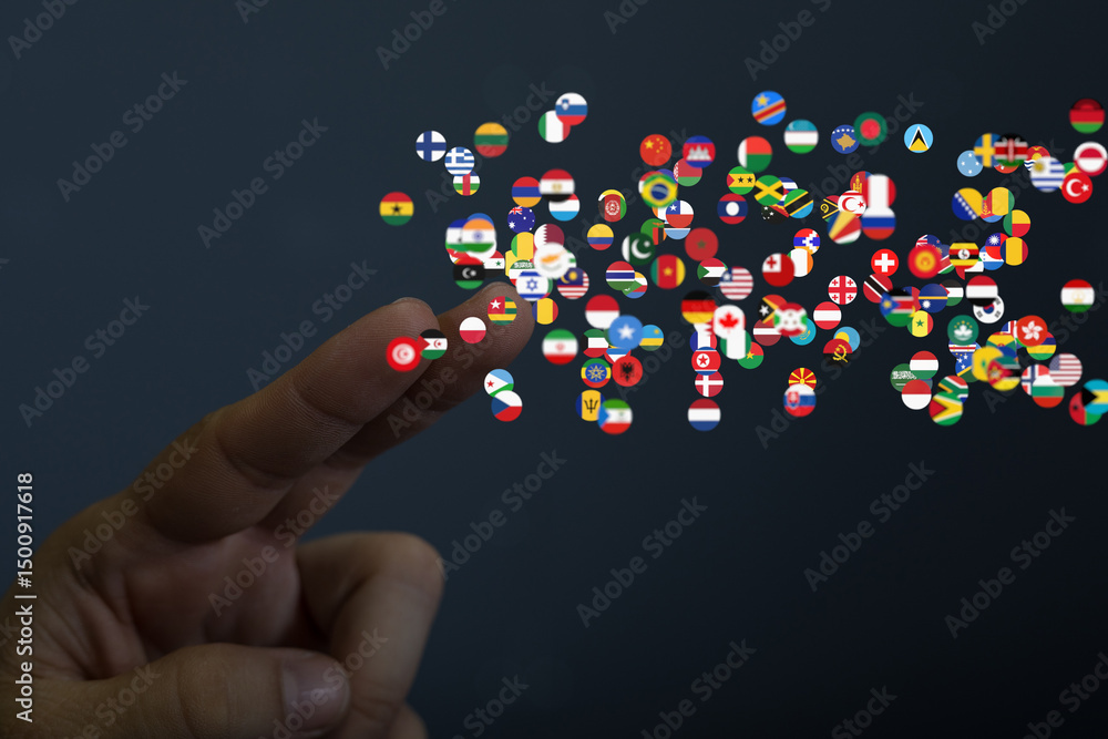 Poster Hand interacts with floating world flags, symbolizing global connection and international communication.