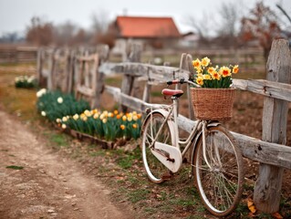 Fototapeta premium Bicycle with daffodil bouquet near wooden fence in spring