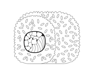 Sushi roll with avocado and salmon 2D line object. Vegetable chunks and fish slices wrapped in rice. Japanese food. Asian cuisine isolated clipart vector ink outline item. Monochrome spot illustration