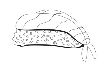 Shrimp nigiri sushi 2D line object. Japanese food. Vinegared rice with raw seafood. Asian cuisine gourmet. Authentic appetizer isolated clipart vector ink outline item. Monochrome spot illustration