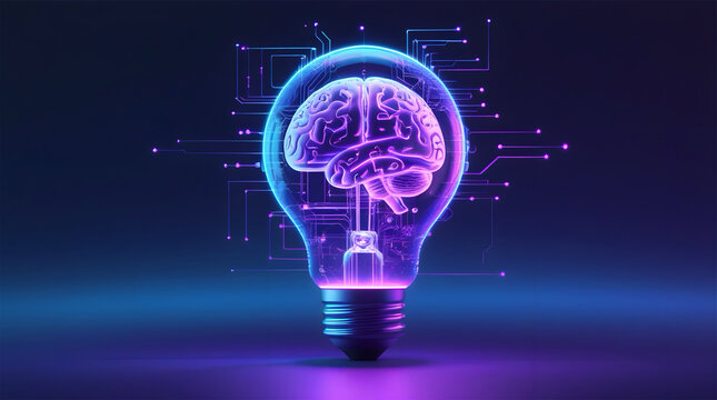 A futuristic, translucent light bulb with intricate, swirling circuits and a radiant, glowing AI brain at its center, illuminated in vibrant neon blue and purple hues, set against a dark gradient