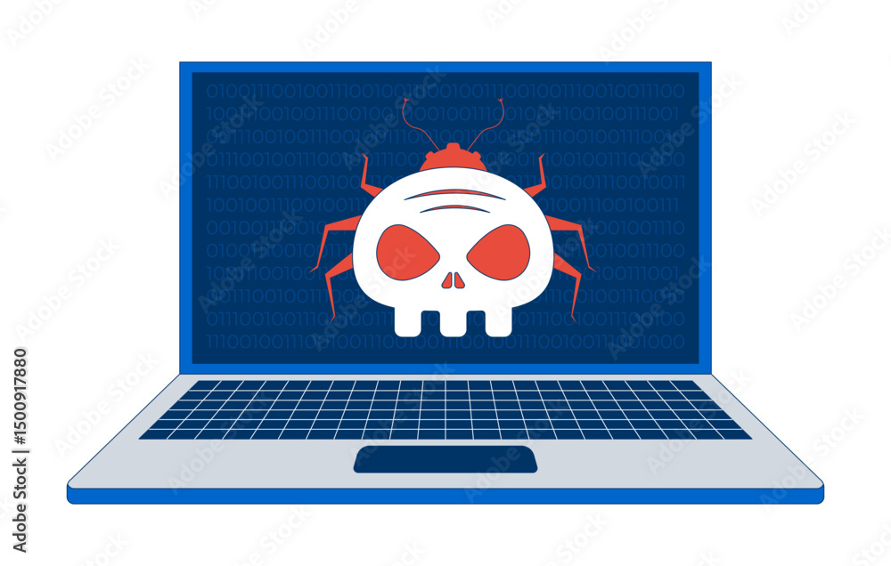 Poster virus computer bug on laptop 2d illustration concept. cybersecurity threat. system hacking. digital 