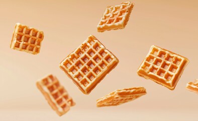 Crispy waffles flying in the air on pastel background