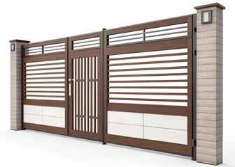 Modern sliding gate design brown wood white accents