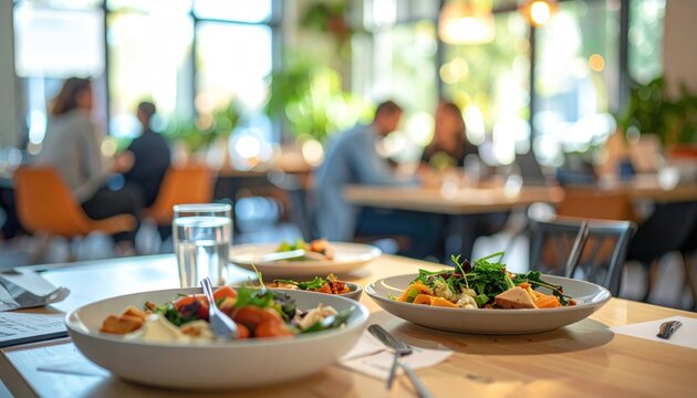 Restaurant scene salads on table, people in background, bright & airy
