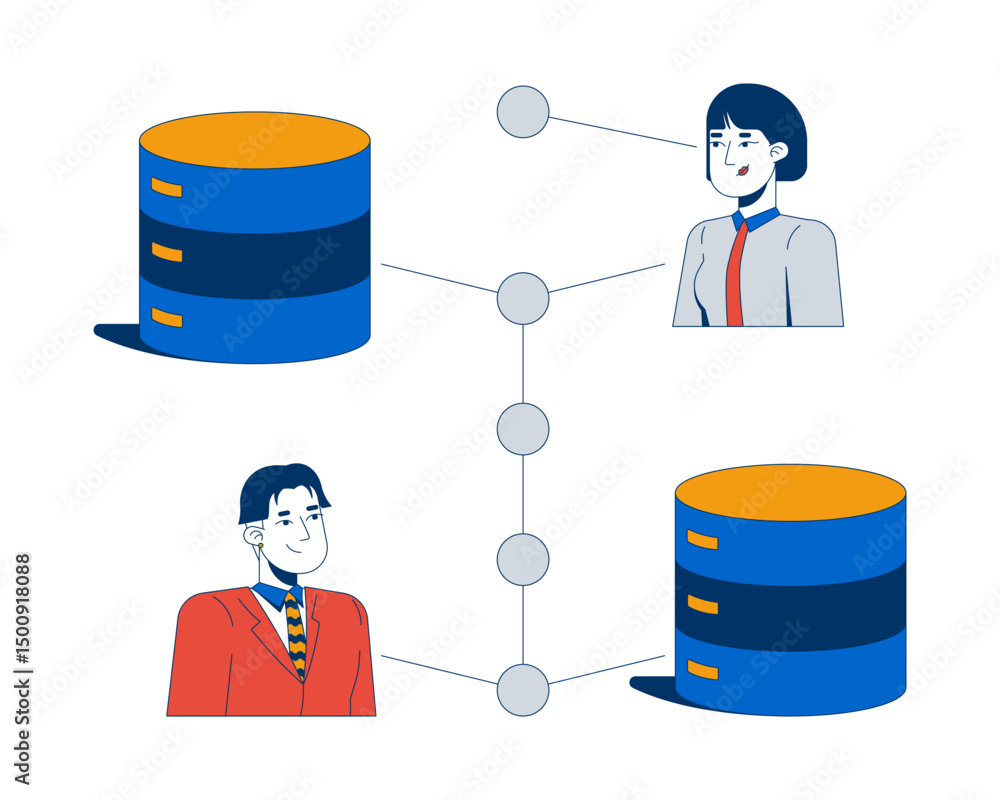 Poster users securely connected to database servers 2d illustration concept. data transfer security. busine