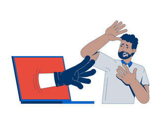 Cyberattack threatening frightened user 2D illustration concept. Cyber criminal hand reaching from laptop toward scared black man cartoon character isolated on white. Flat abstract vector metaphor