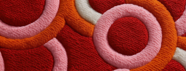 Bold textured rings interlace across vibrant red canva