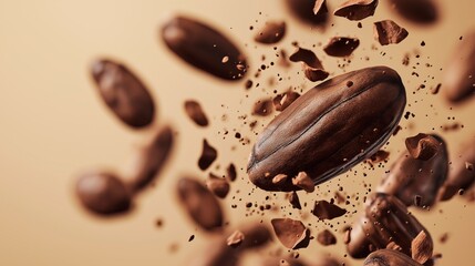 Cocoa bean burst explosion with chocolate pieces, copy space