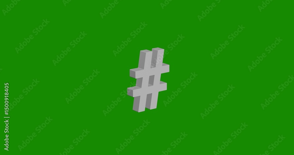 Aufkleber isolated realistic white hash symbol front view with shadow. 3d illustration on green chroma key bac