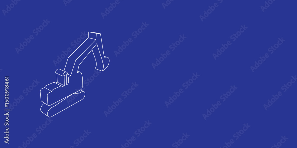 Poster the outline of a large excavator symbol made of white lines on the left. 3d view of the object in pe