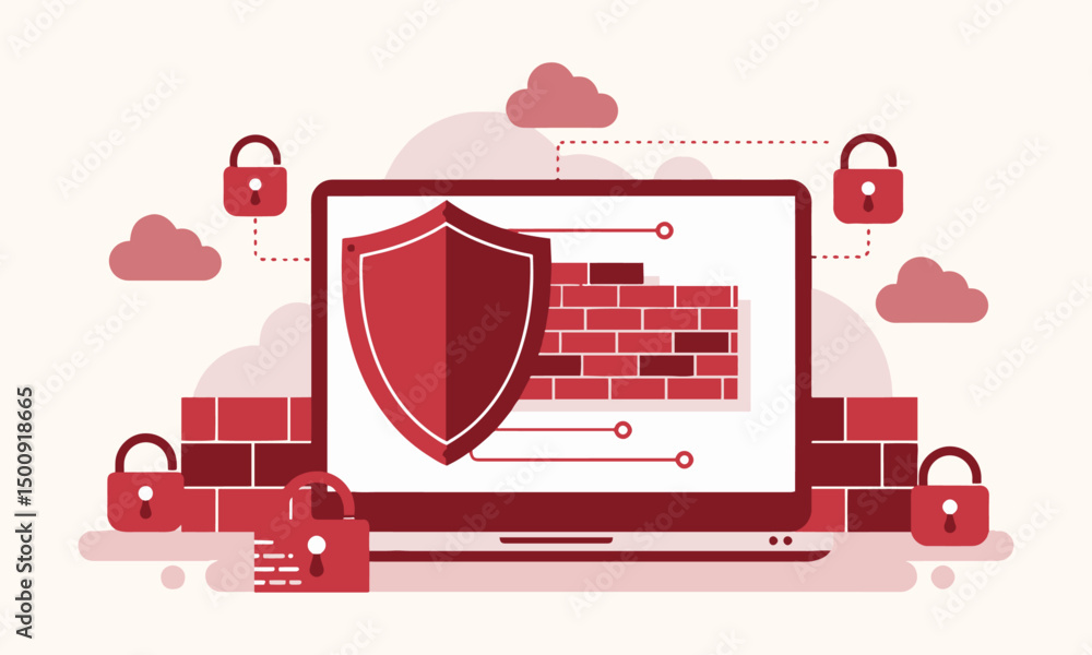 Poster a flat vector illustration depicting a laptop with a security shield and firewall graphic, surrounde