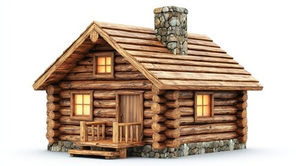 Wooden log cabin with stone chimney on white background