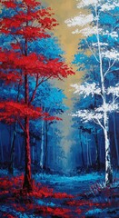 Naklejka premium Pixelated Forest Illustration with Red White and Blue Trees on Abstract Background