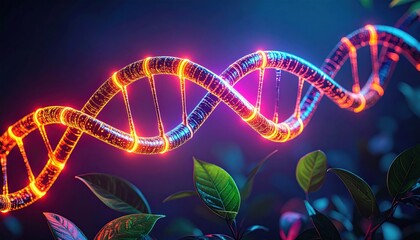 Glowing double helix DNA with plant leaves symbolizing biotechnology, nature integration, futuristic genetics and scientific innovation
