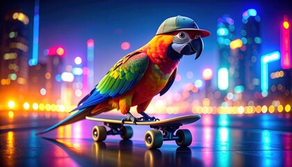 Parrot on skateboard, wearing hat against bokeh city lights