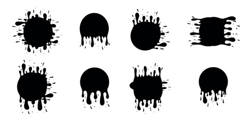 Dripping spheres with silhouettes isolated on white background, realistic spheres with black paint drips isolated on a white background. Dripping paint on white round shapes. Vector illustration