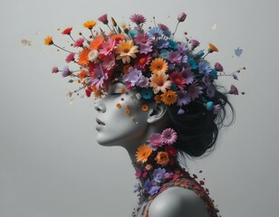 Floral vector illustration of a beautiful woman's face with pink flowers, butterflies, and flowing hair, embodying spring fashion and natural glamour