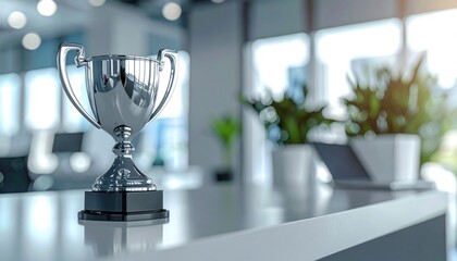 Silver trophy sits on desk in modern office. Sunlight shines through windows