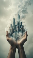 Hand holding a glowing urban skyline, a concept of new business architecture
