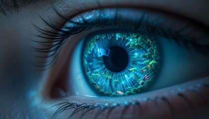 Capturing the intricate beauty of the human eye, a macro close-up reveals the vibrant iris and pupil, framed by delicate eyelashes, inviting the viewer to look deeply into the vision of a woman's gaze