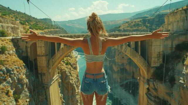 Bungie jumping. The girl overcomes her fear and jumps from a great height to the bottom. Extreme sport