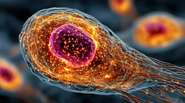 A single-celled organism with glowing internal structures and hair-like appendages under a microscope.