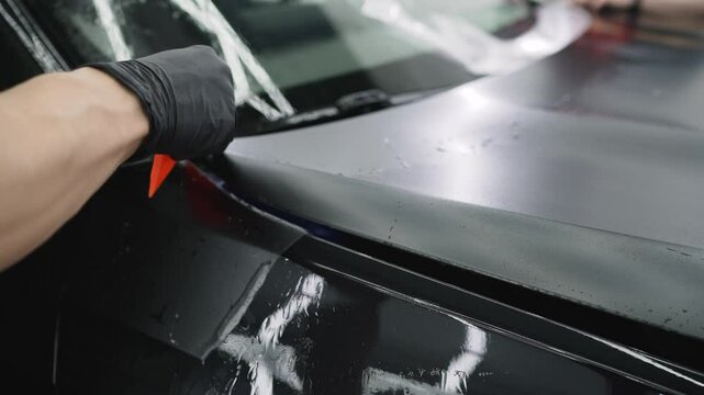 Professional mechanic carefully wrapping car hood with vinyl film, skillfully removing air bubbles using specialized squeegee during automotive customization process