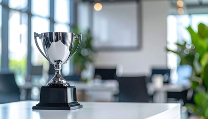 Shiny silver trophy on white table, blurred office backdrop, plants, window light
