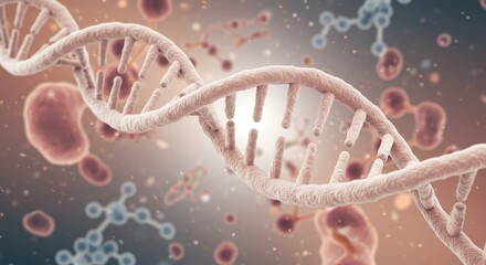 Realistic 3D Render of DNA Helix Strand with Complex Cellular Background