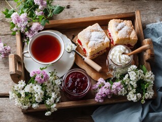 Delicious cake and tea arrangement on wooden tray indoors
