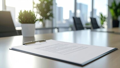 Document on desk near plant in bright office with blurred city view